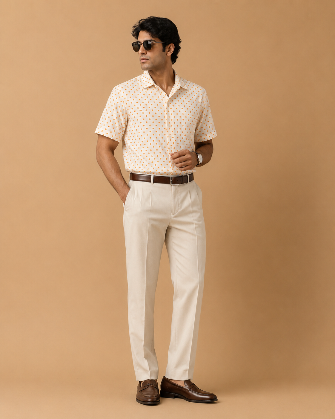 Snitch Men's White & Orange Polka Dot Cotton Casual Shirt - Image 2