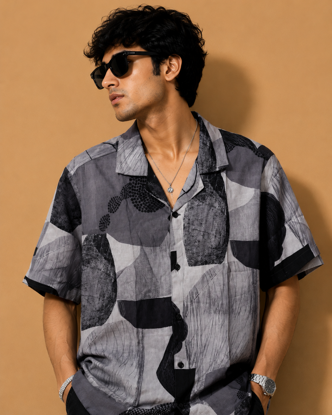Snitch Men's Grey Abstract Print Resort Shirt - Image 3