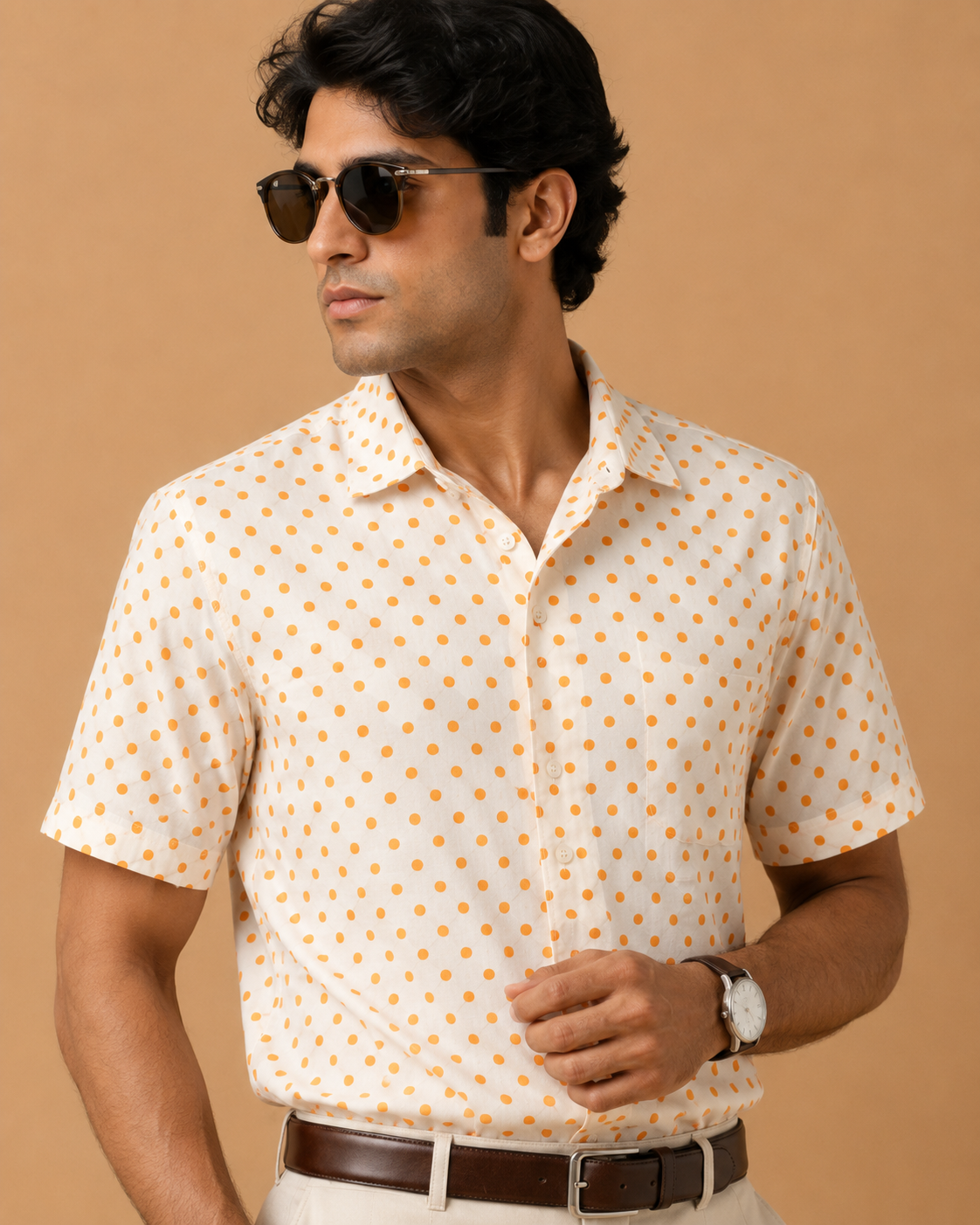 Snitch Men's White & Orange Polka Dot Cotton Casual Shirt - Image 3