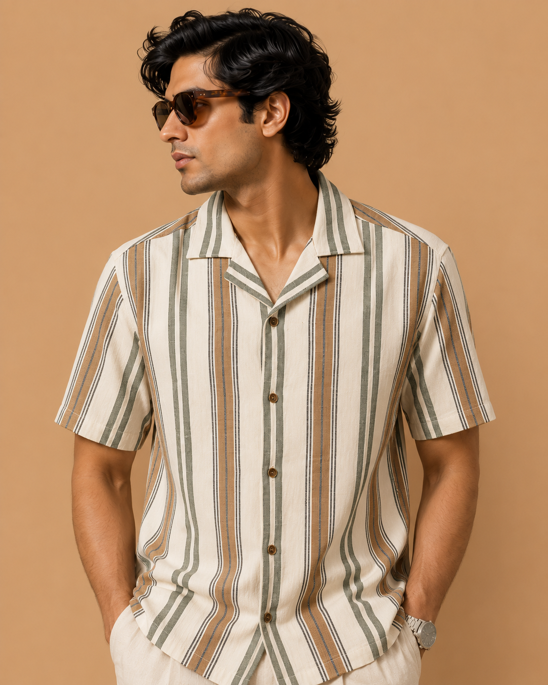 Brandz Home Men's Beige Vertical Striped Premium Casual Shirt - Image 3