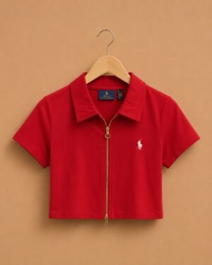 Brandz Home Women's Premium Hot Red Zip-Up Slim Fit Crop Polo Top