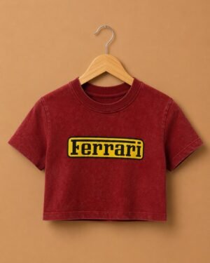 Brandz Home Vintage Maroon Racing Graphic Baby Tee for Women