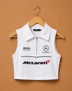 Brandz Home Women's White Motorsport Inspired Sleeveless Zip Crop Top