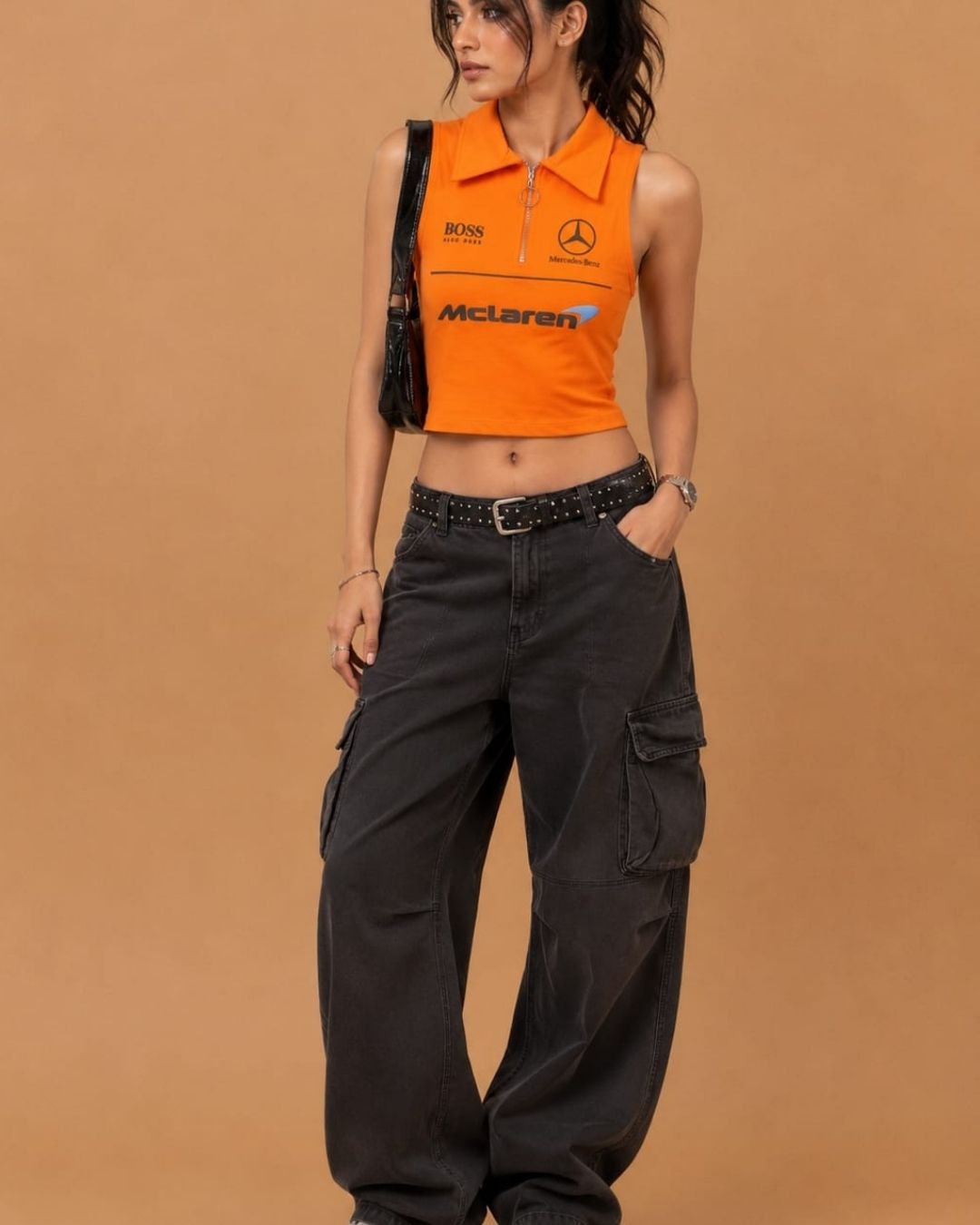 WhatsApp Image 2026-07-23 at 4.09.34 PM (1) Brandz Home Women's Orange Motorsport Inspired Sleeveless Zip Crop Top - Image 2