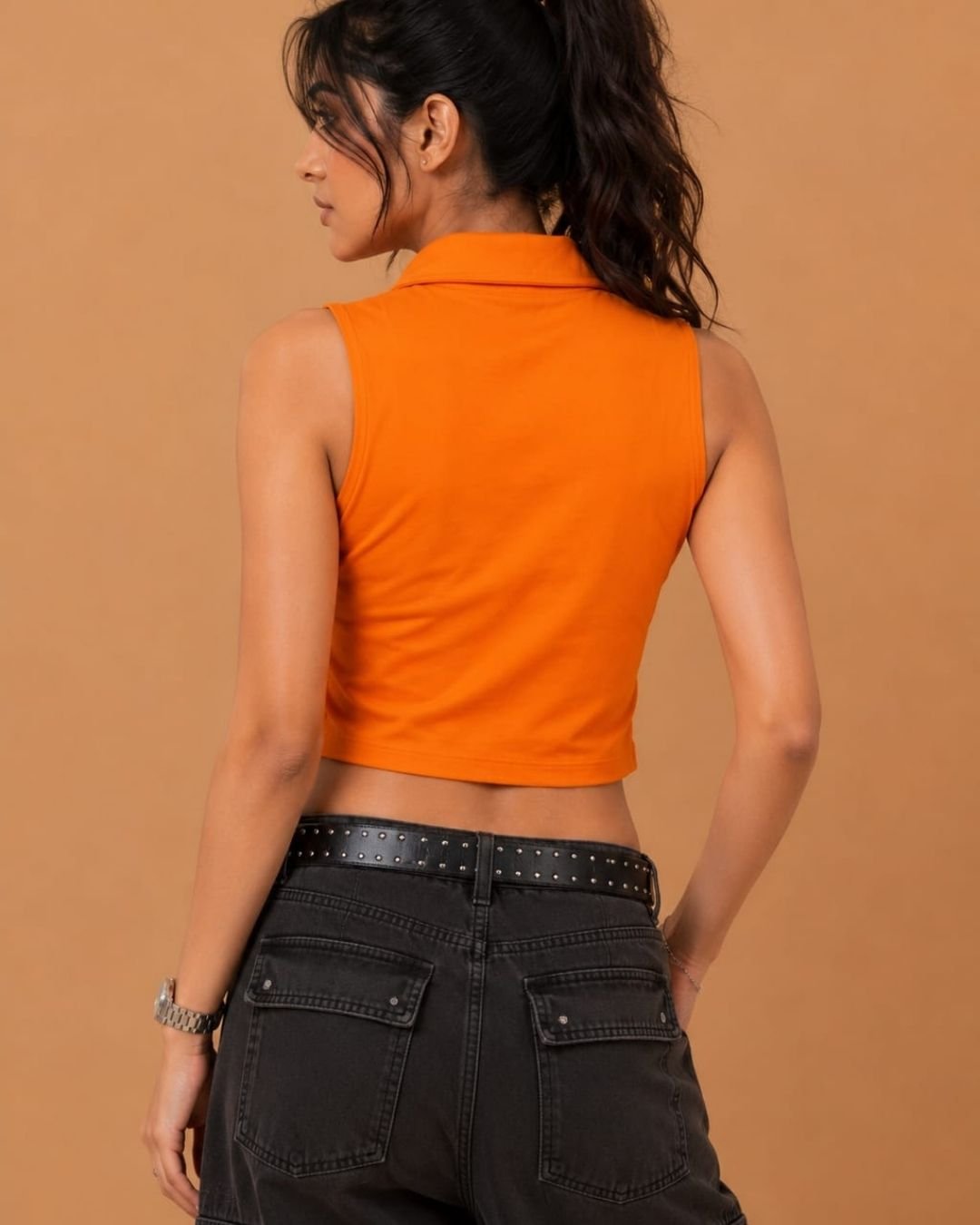 WhatsApp Image 2026-07-23 at 4.09.35 PM (1) Brandz Home Women's Orange Motorsport Inspired Sleeveless Zip Crop Top - Image 4