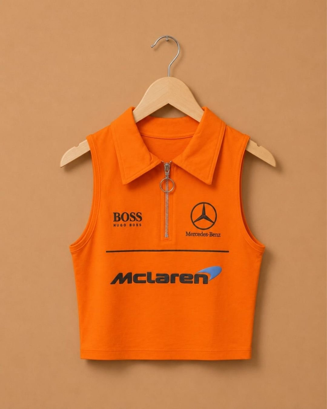 WhatsApp Image 2026-07-23 at 4.09.35 PM (2) Brandz Home Women's Orange Motorsport Inspired Sleeveless Zip Crop Top