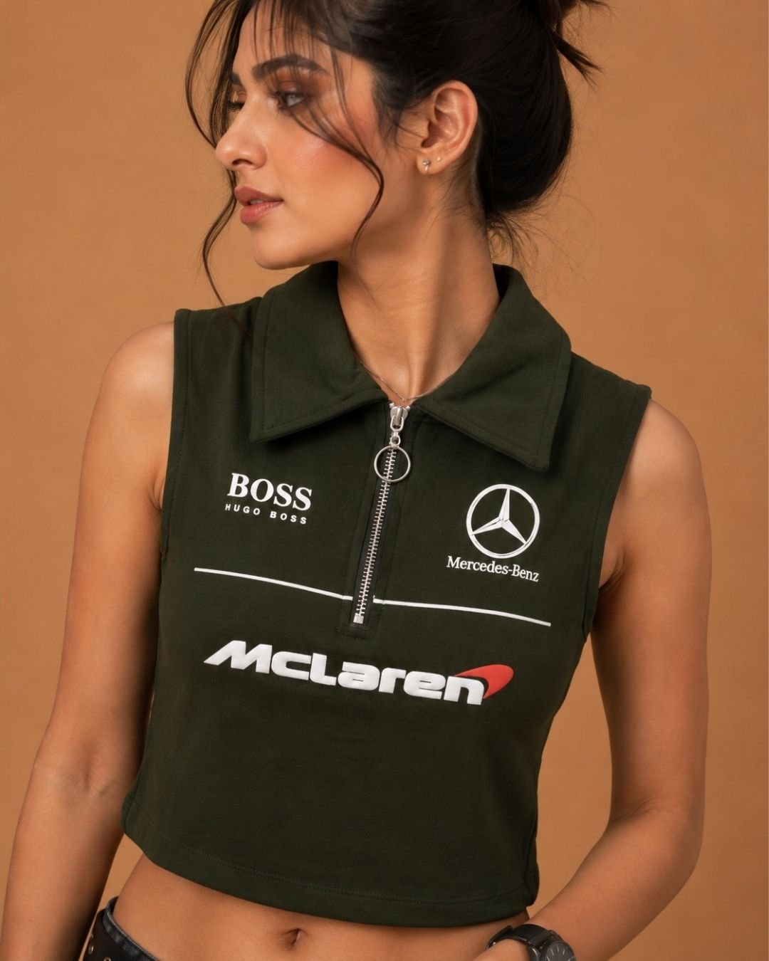 WhatsApp Image 2026-07-23 at 4.09.36 PM (1) Brandz Home Women's Olive Green Motorsport Inspired Sleeveless Zip Crop Top - Image 3