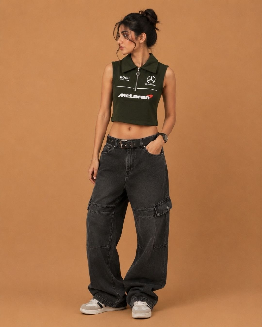WhatsApp Image 2026-07-23 at 4.09.36 PM (2) Brandz Home Women's Olive Green Motorsport Inspired Sleeveless Zip Crop Top - Image 2
