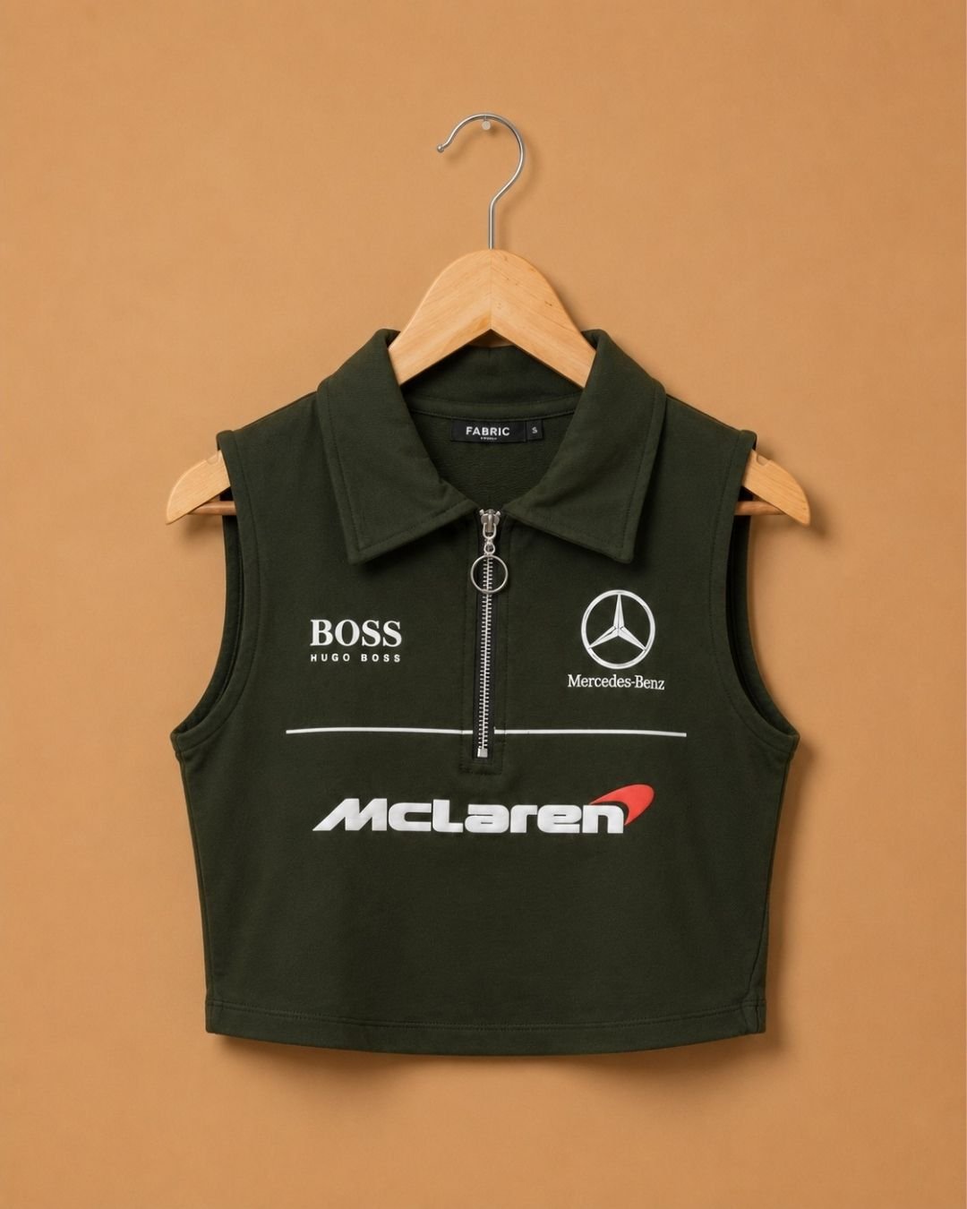 WhatsApp Image 2026-07-23 at 4.09.36 PM Brandz Home Women's Olive Green Motorsport Inspired Sleeveless Zip Crop Top