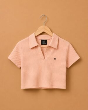 Brandz Home Women's Blush Pink Ribbed Polo Crop Top