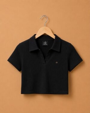 Brandz Home Women's Black Ribbed Polo Crop Top