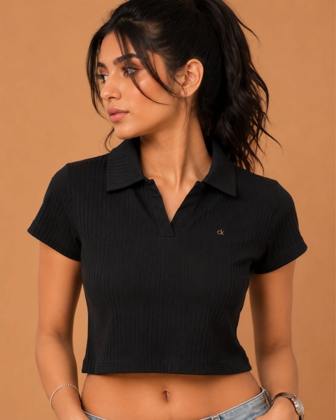 WhatsApp Image 2026-07-23 at 4.09.39 PM Brandz Home Women's Black Ribbed Polo Crop Top - Image 3