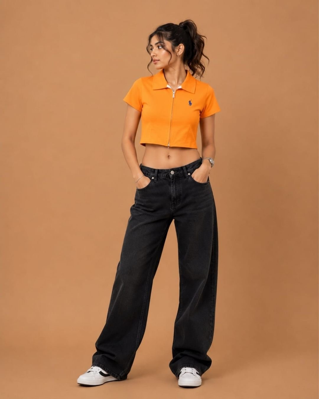 WhatsApp Image 2026-07-23 at 4.09.40 PM Brandz Home Women's Premium Orange Zip-Up Slim Fit Crop Polo Top - Image 2