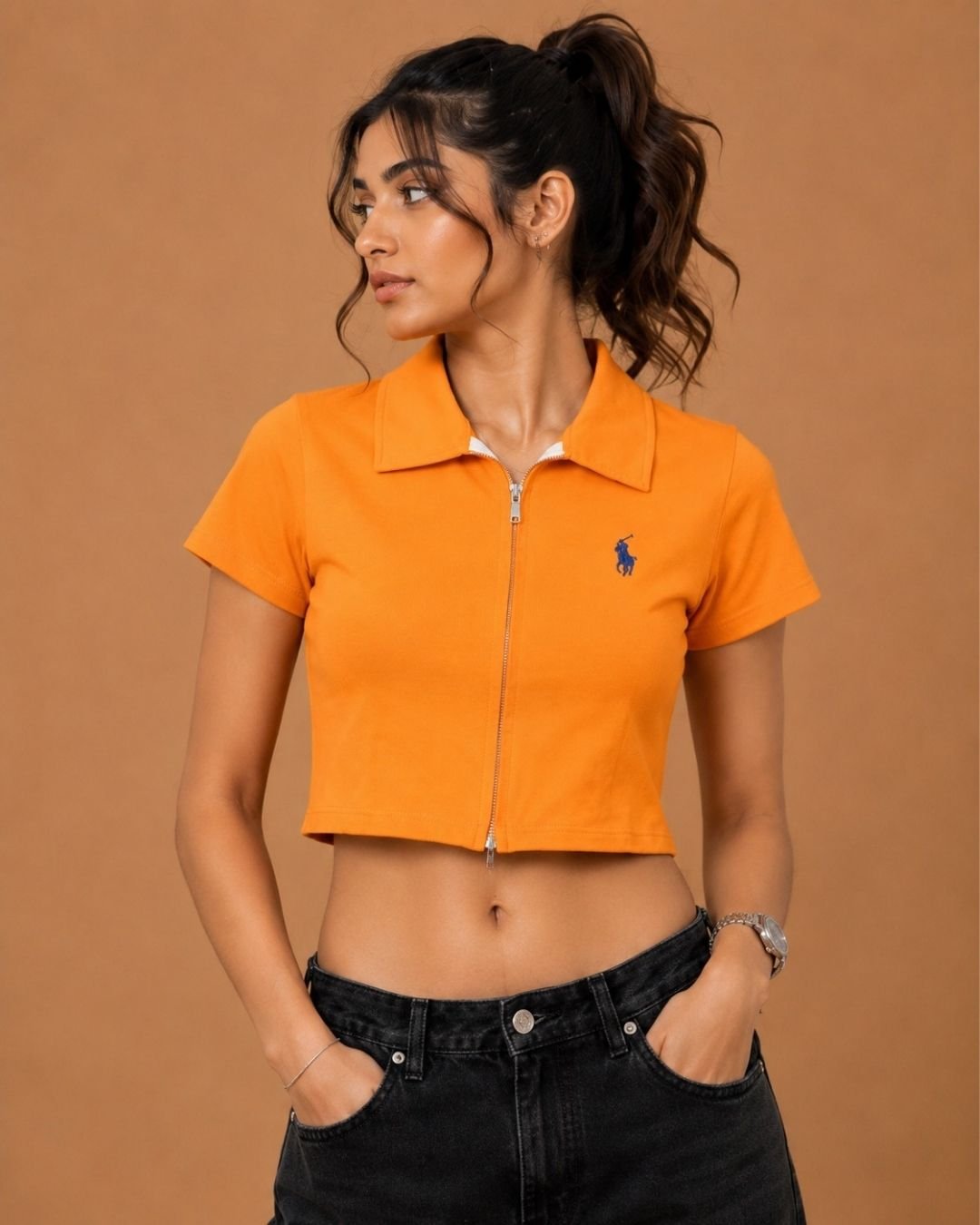 WhatsApp Image 2026-07-23 at 4.09.41 PM (1) Brandz Home Women's Premium Orange Zip-Up Slim Fit Crop Polo Top - Image 3