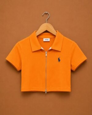 Brandz Home Women's Premium Orange Zip-Up Slim Fit Crop Polo Top