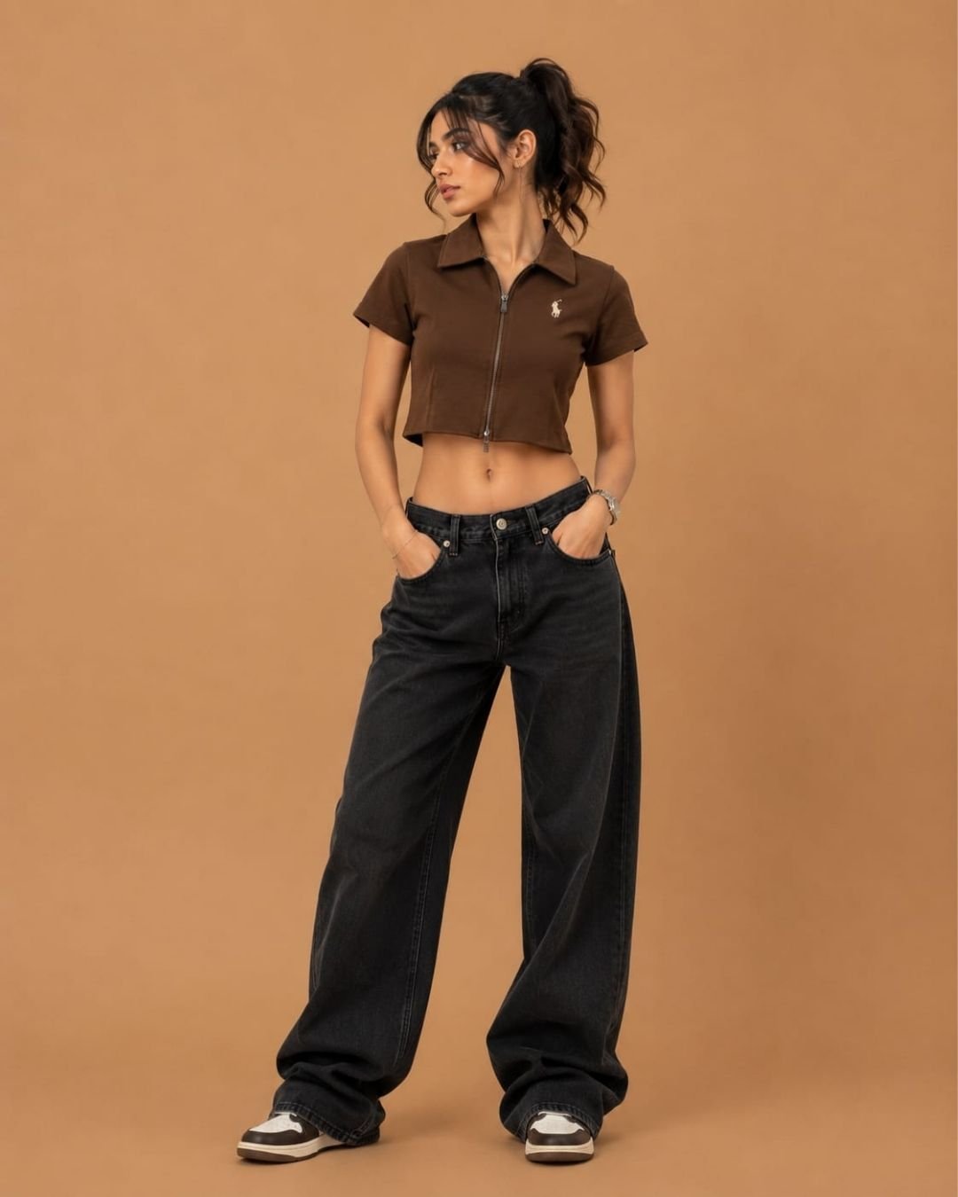 WhatsApp Image 2026-07-23 at 4.09.43 PM (1) Brandz Home Women's Premium Brown Zip-Up Slim Fit Crop Polo Top - Image 2