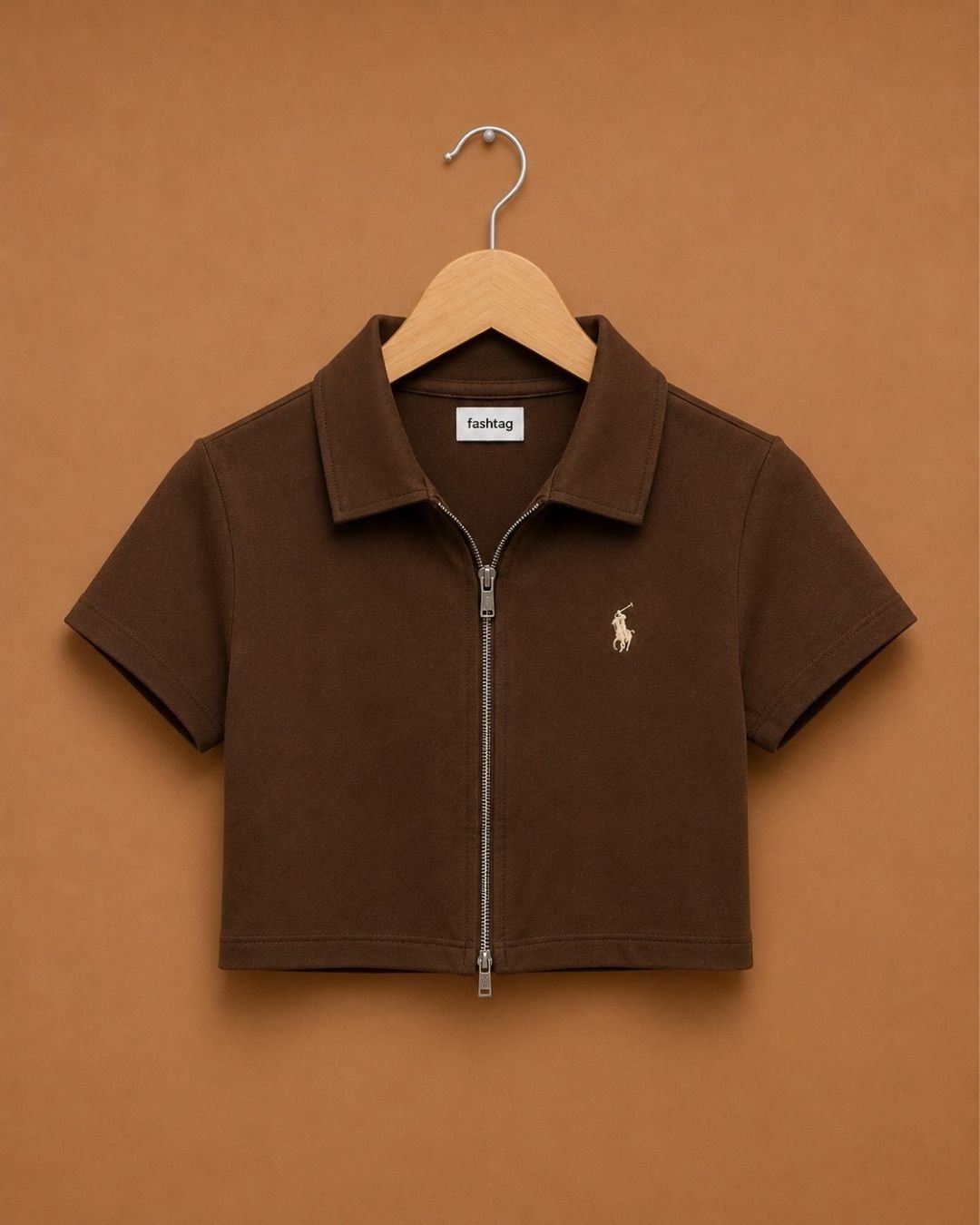 WhatsApp Image 2026-07-23 at 4.09.43 PM Brandz Home Women's Premium Brown Zip-Up Slim Fit Crop Polo Top