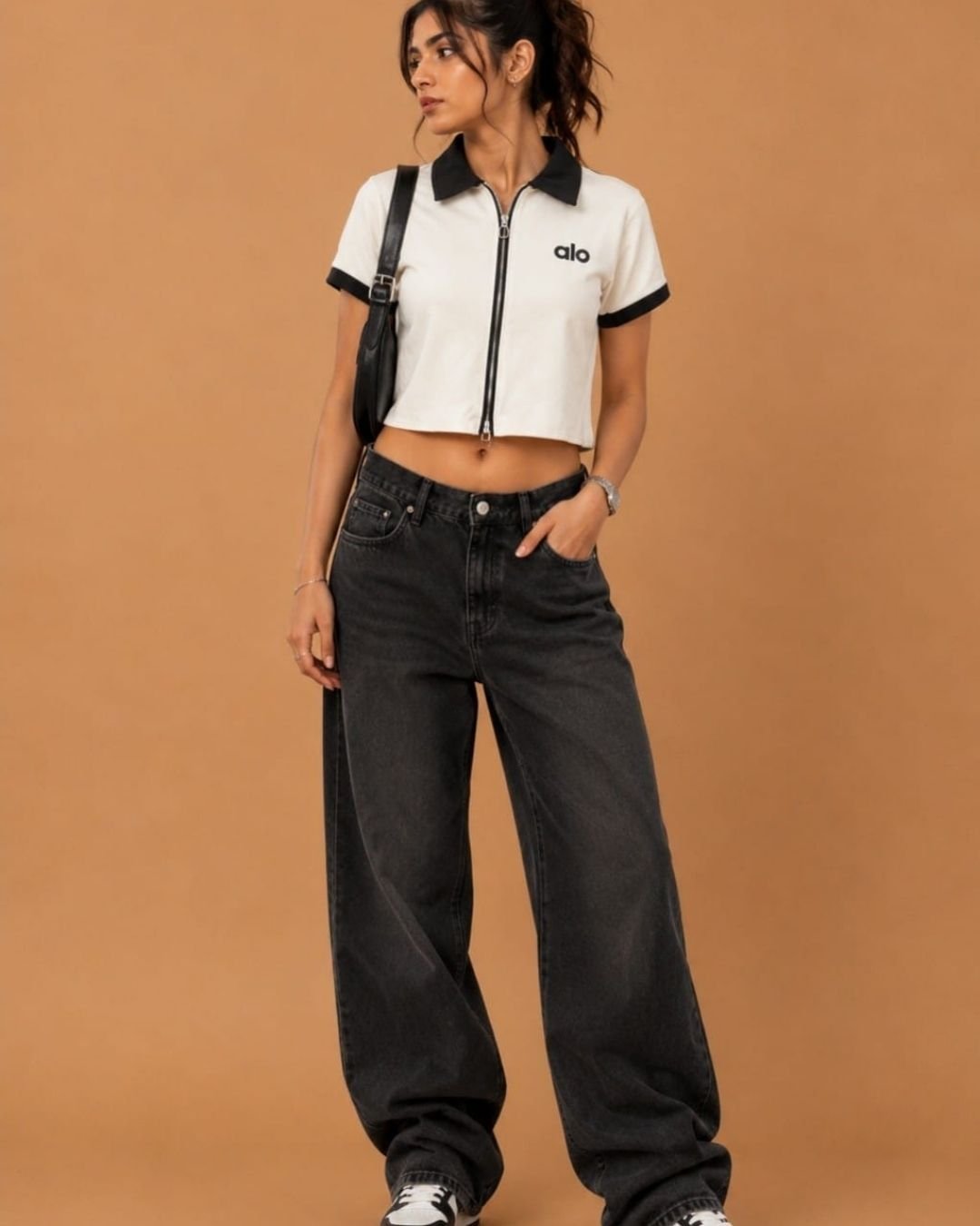 WhatsApp Image 2026-07-23 at 4.09.51 PM Brandz Home Women's Premium White & Black Contrast Zip-Up Slim Fit Crop Polo Top - Image 2