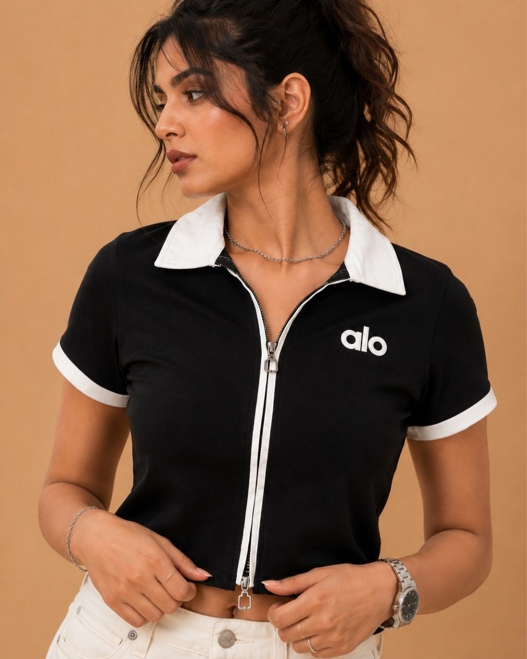 WhatsApp Image 2026-07-23 at 4.09.52 PM (1) Brandz Home Women's Premium Black & White Contrast Zip-Up Slim Fit Crop Polo Top - Image 3