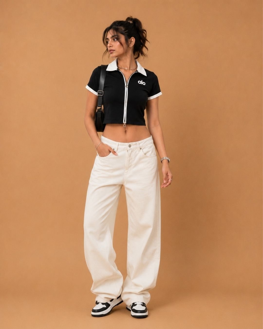 WhatsApp Image 2026-07-23 at 4.09.52 PM Brandz Home Women's Premium Black & White Contrast Zip-Up Slim Fit Crop Polo Top - Image 2