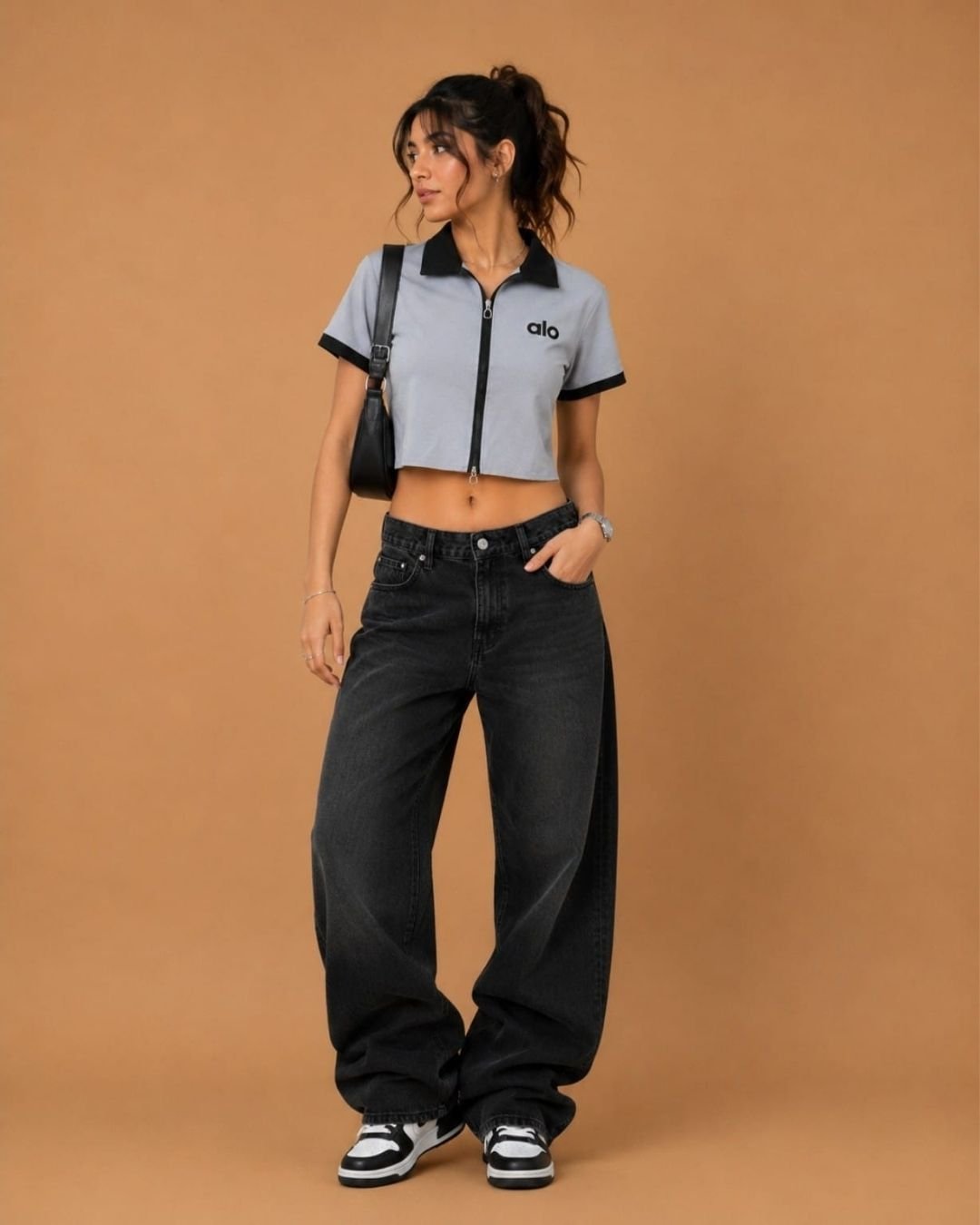 WhatsApp Image 2026-07-23 at 4.09.53 PM (1) Brandz Home Women's Premium Grey & Black Contrast Zip-Up Slim Fit Crop Polo Top - Image 2
