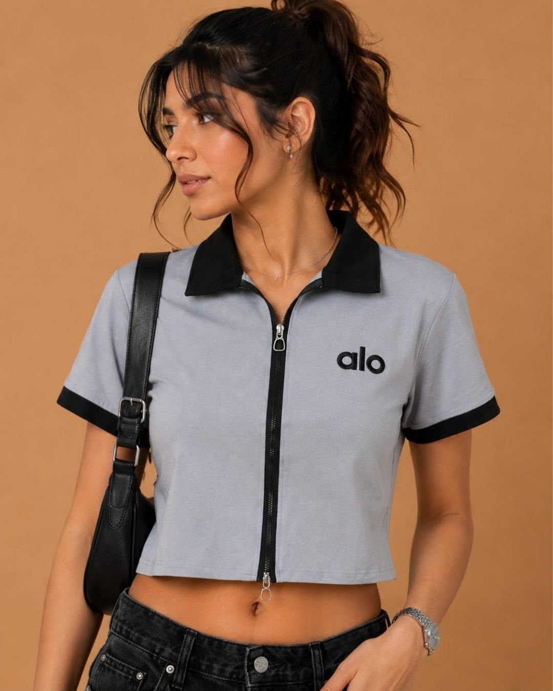 WhatsApp Image 2026-07-23 at 4.09.53 PM (2) Brandz Home Women's Premium Grey & Black Contrast Zip-Up Slim Fit Crop Polo Top - Image 3