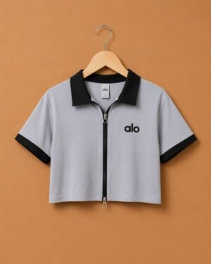 Brandz Home Women's Premium Grey & Black Contrast Zip-Up Slim Fit Crop Polo Top