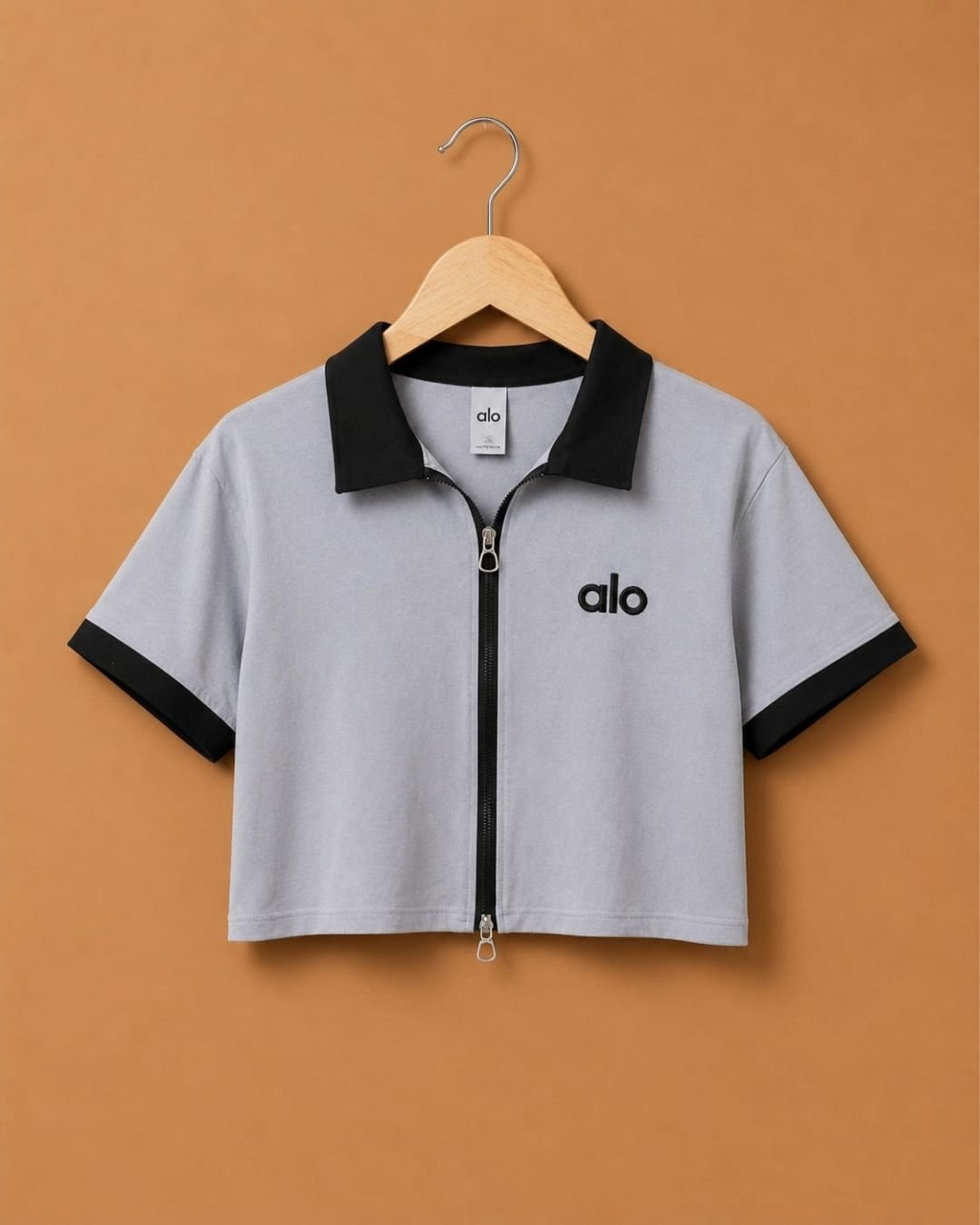 WhatsApp Image 2026-07-23 at 4.09.54 PM (1) Brandz Home Women's Premium Grey & Black Contrast Zip-Up Slim Fit Crop Polo Top