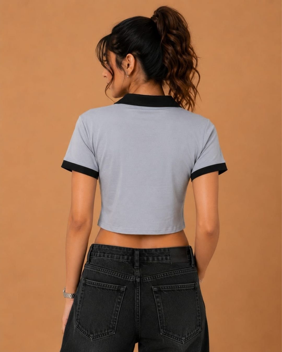 WhatsApp Image 2026-07-23 at 4.09.54 PM Brandz Home Women's Premium Grey & Black Contrast Zip-Up Slim Fit Crop Polo Top - Image 4