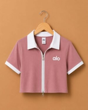 Brandz Home Women's Premium Dusty Pink & White Contrast Zip-Up Slim Fit Crop Polo Top