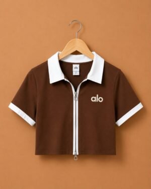 Brandz Home Women's Premium Chocolate Brown & White Contrast Zip-Up Slim Fit Crop Polo Top