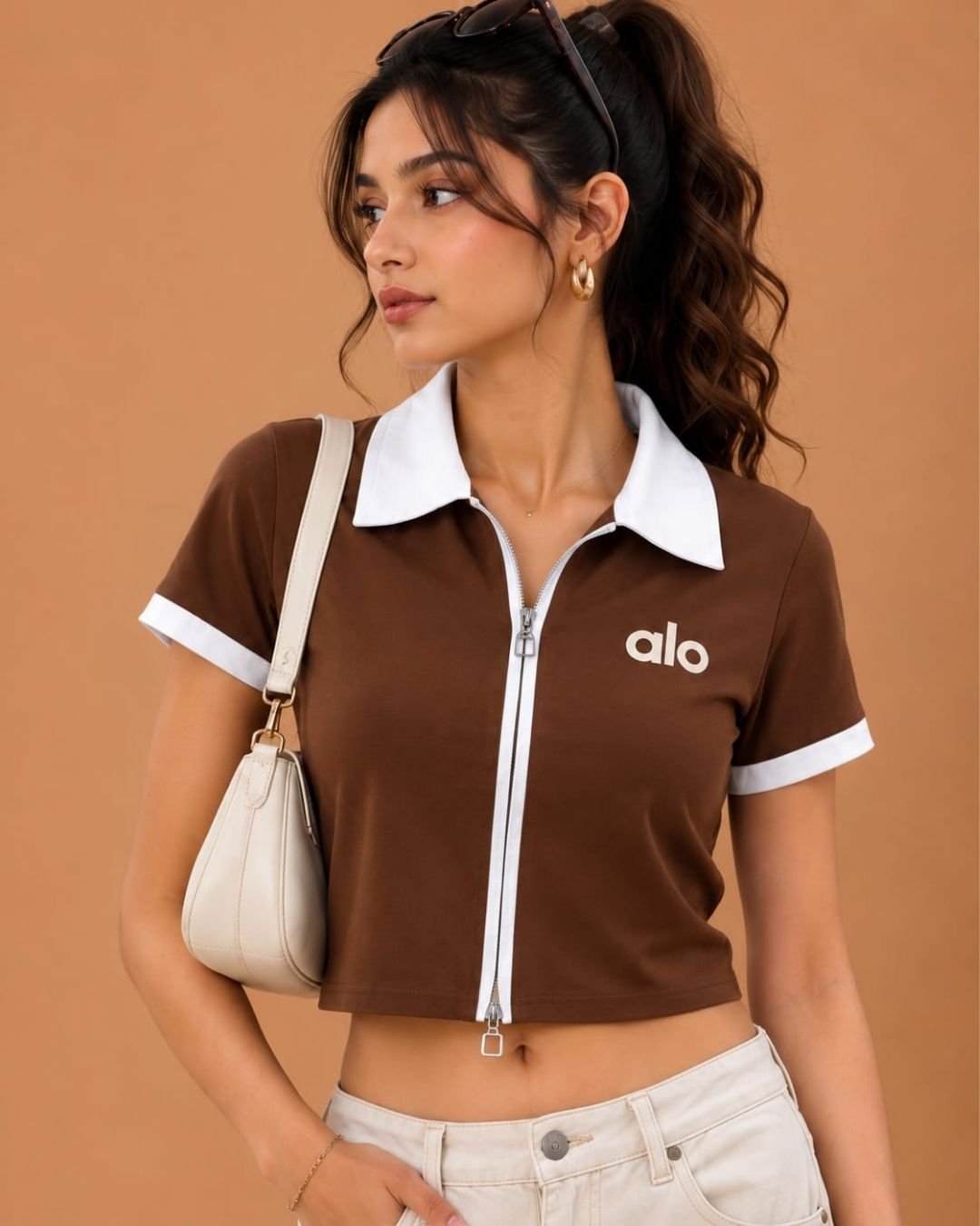 WhatsApp Image 2026-07-23 at 4.09.57 PM (1) Brandz Home Women's Premium Chocolate Brown & White Contrast Zip-Up Slim Fit Crop Polo Top - Image 3