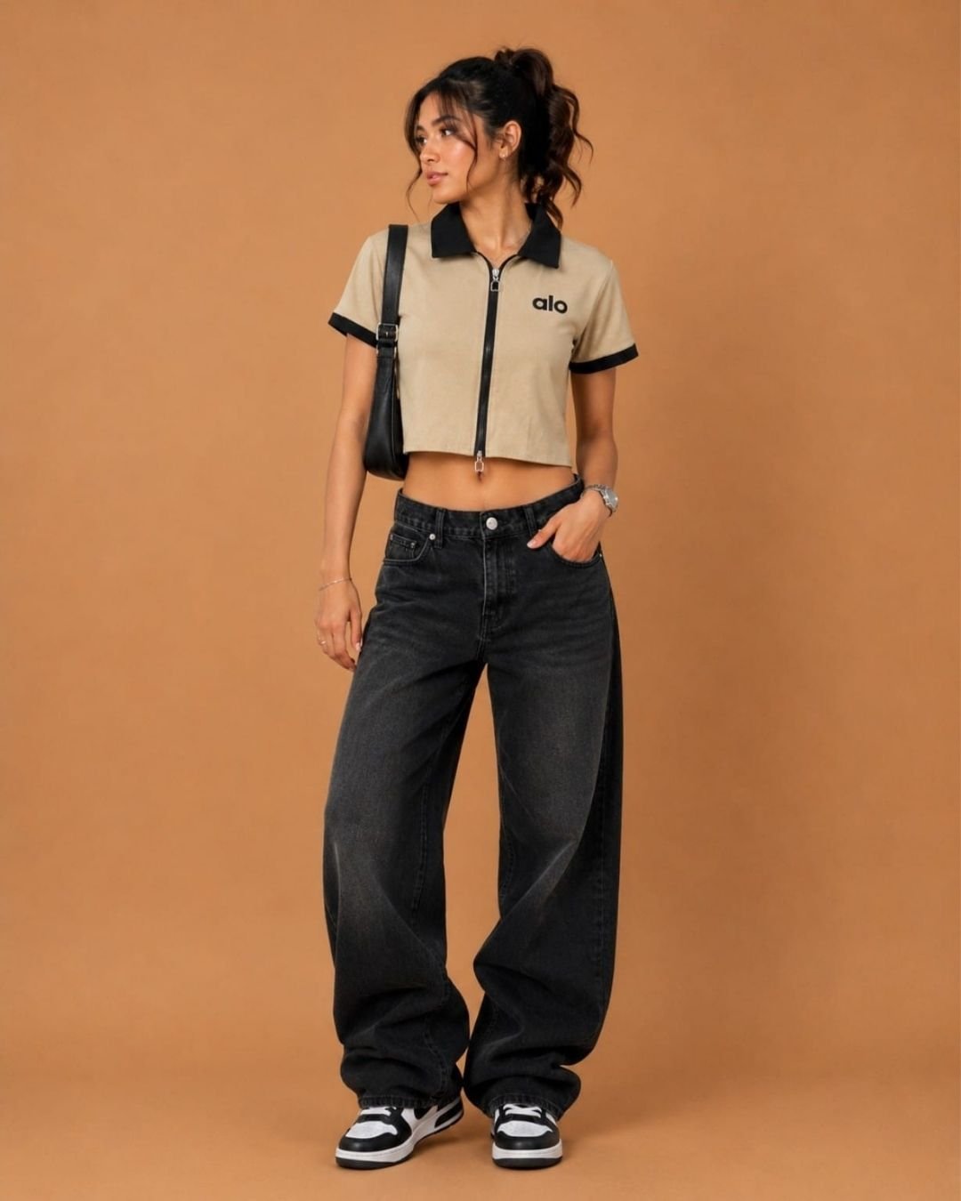 WhatsApp Image 2026-07-23 at 4.09.57 PM (2) Brandz Home Women's Premium Beige & Black Contrast Zip-Up Slim Fit Crop Polo Top - Image 2