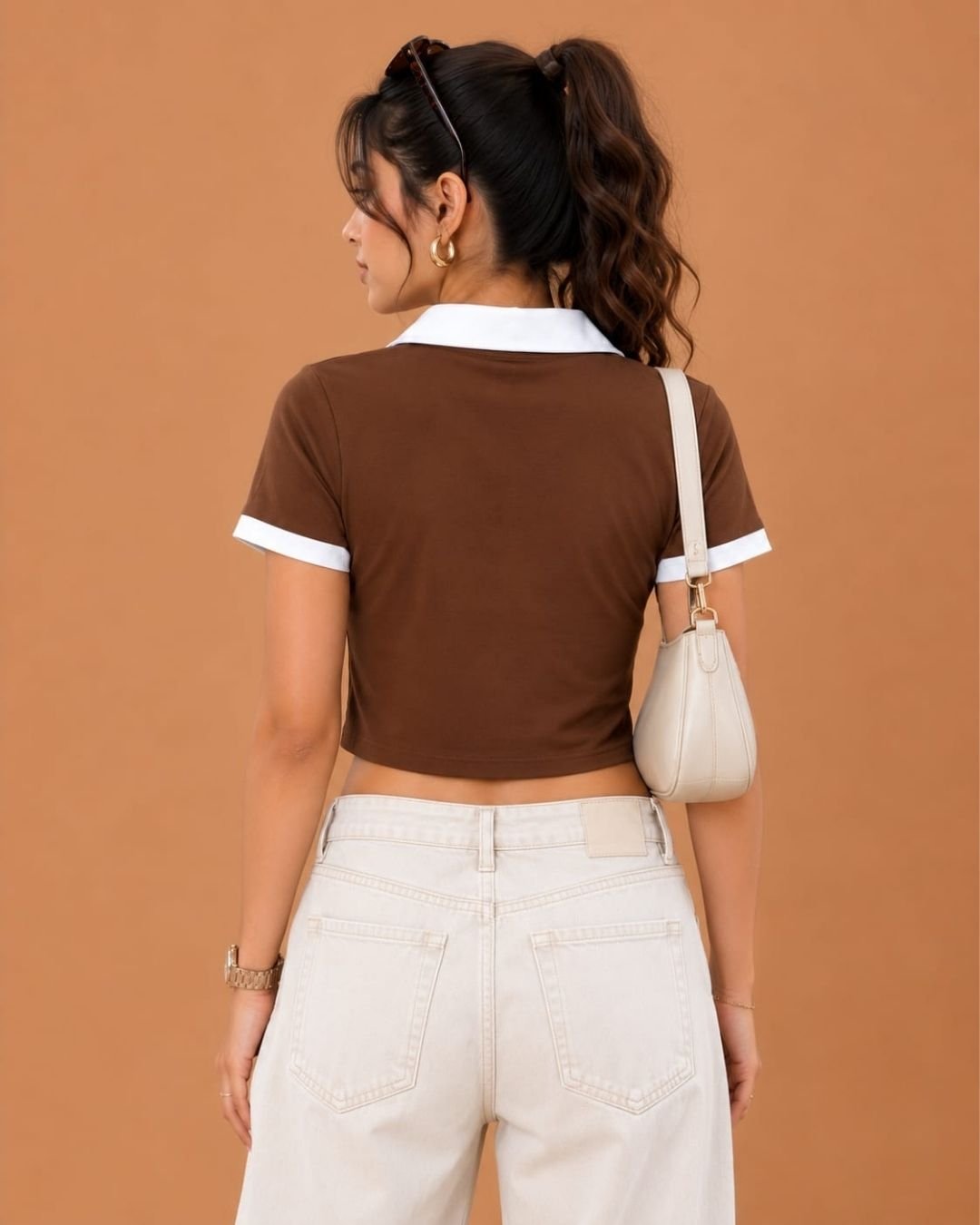 WhatsApp Image 2026-07-23 at 4.09.57 PM Brandz Home Women's Premium Chocolate Brown & White Contrast Zip-Up Slim Fit Crop Polo Top - Image 4