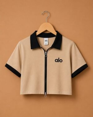 Brandz Home Women's Premium Beige & Black Contrast Zip-Up Slim Fit Crop Polo Top
