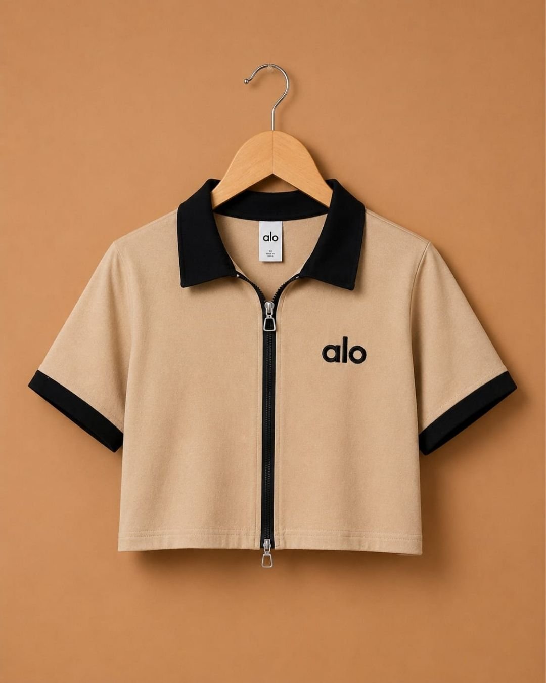 WhatsApp Image 2026-07-23 at 4.09.58 PM (1) Brandz Home Women's Premium Beige & Black Contrast Zip-Up Slim Fit Crop Polo Top