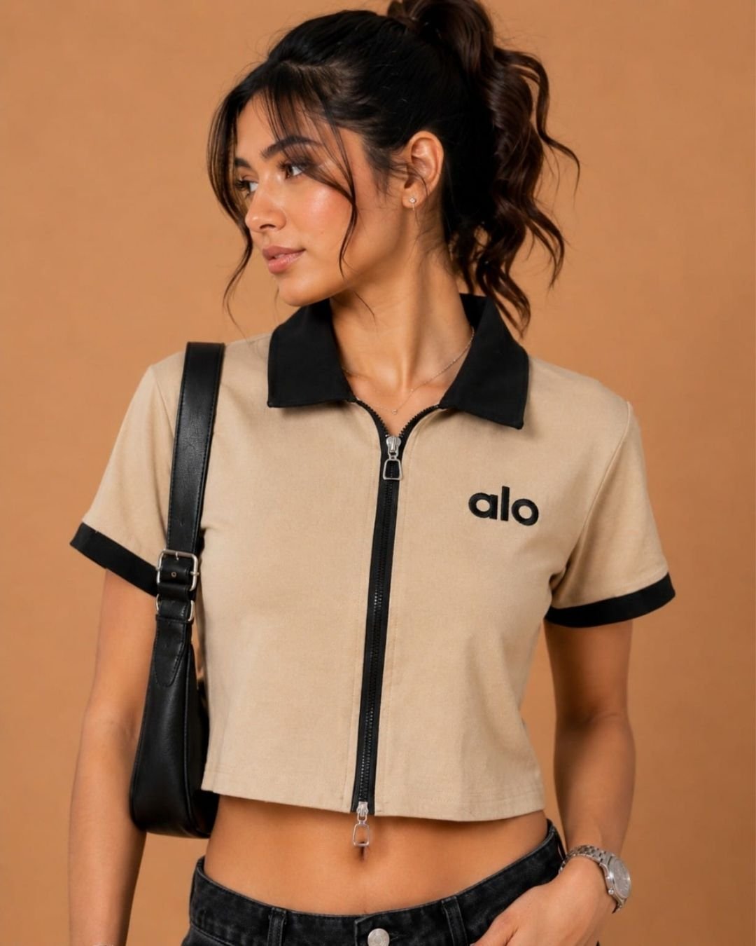 WhatsApp Image 2026-07-23 at 4.09.58 PM (2) Brandz Home Women's Premium Beige & Black Contrast Zip-Up Slim Fit Crop Polo Top - Image 3