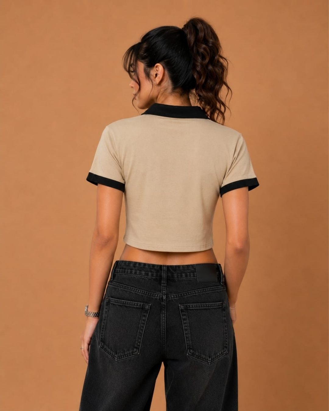 WhatsApp Image 2026-07-23 at 4.09.58 PM Brandz Home Women's Premium Beige & Black Contrast Zip-Up Slim Fit Crop Polo Top - Image 4