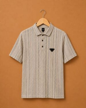 Brandz Home Imported Premium Vertical Stripe Textured Polo T-Shirt – Beige