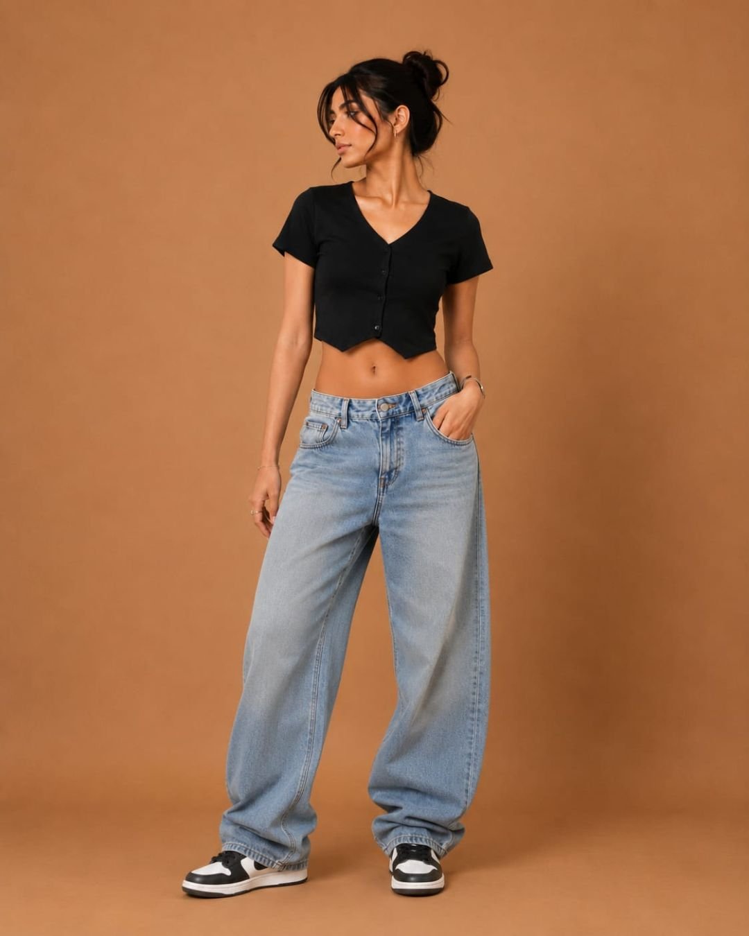 WhatsApp Image 2026-07-24 at 2.13.59 PM Brandz Home Women's Black V-Neck Button Front Crop Top - Image 2