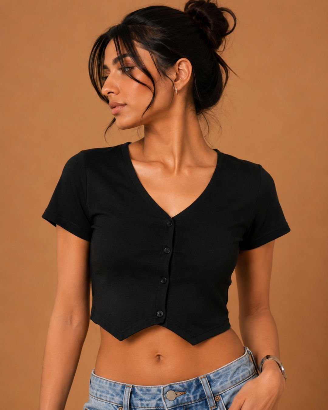 WhatsApp Image 2026-07-24 at 2.14.00 PM Brandz Home Women's Black V-Neck Button Front Crop Top - Image 3
