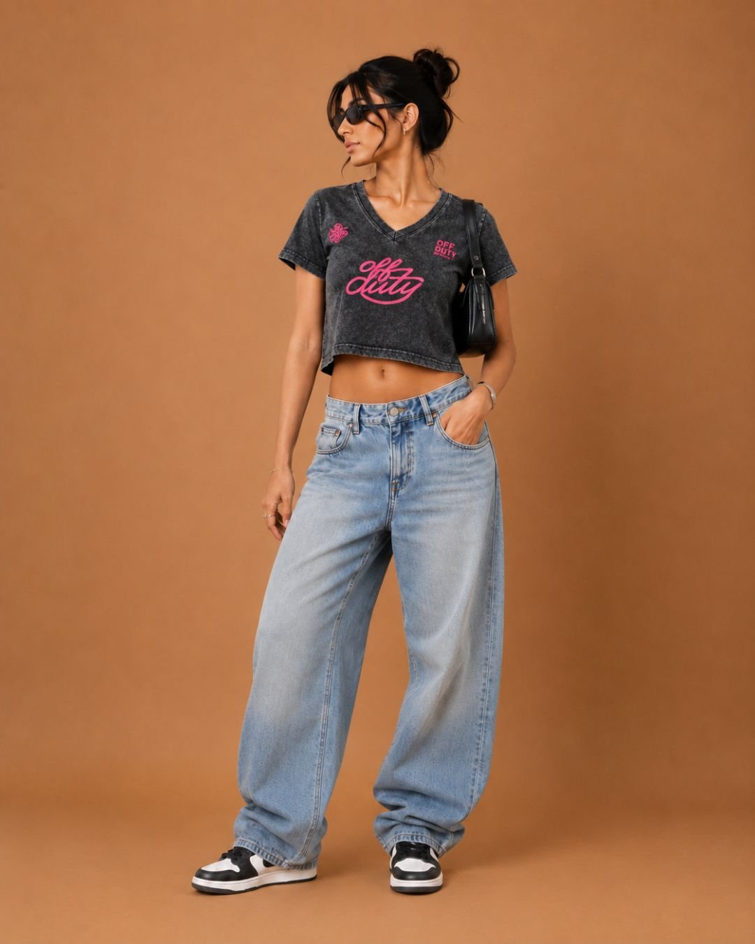 WhatsApp Image 2026-07-24 at 2.14.06 PM (2) Brandz Home Women's Washed Black Off Duty Graphic V-Neck Crop T-Shirt - Image 2