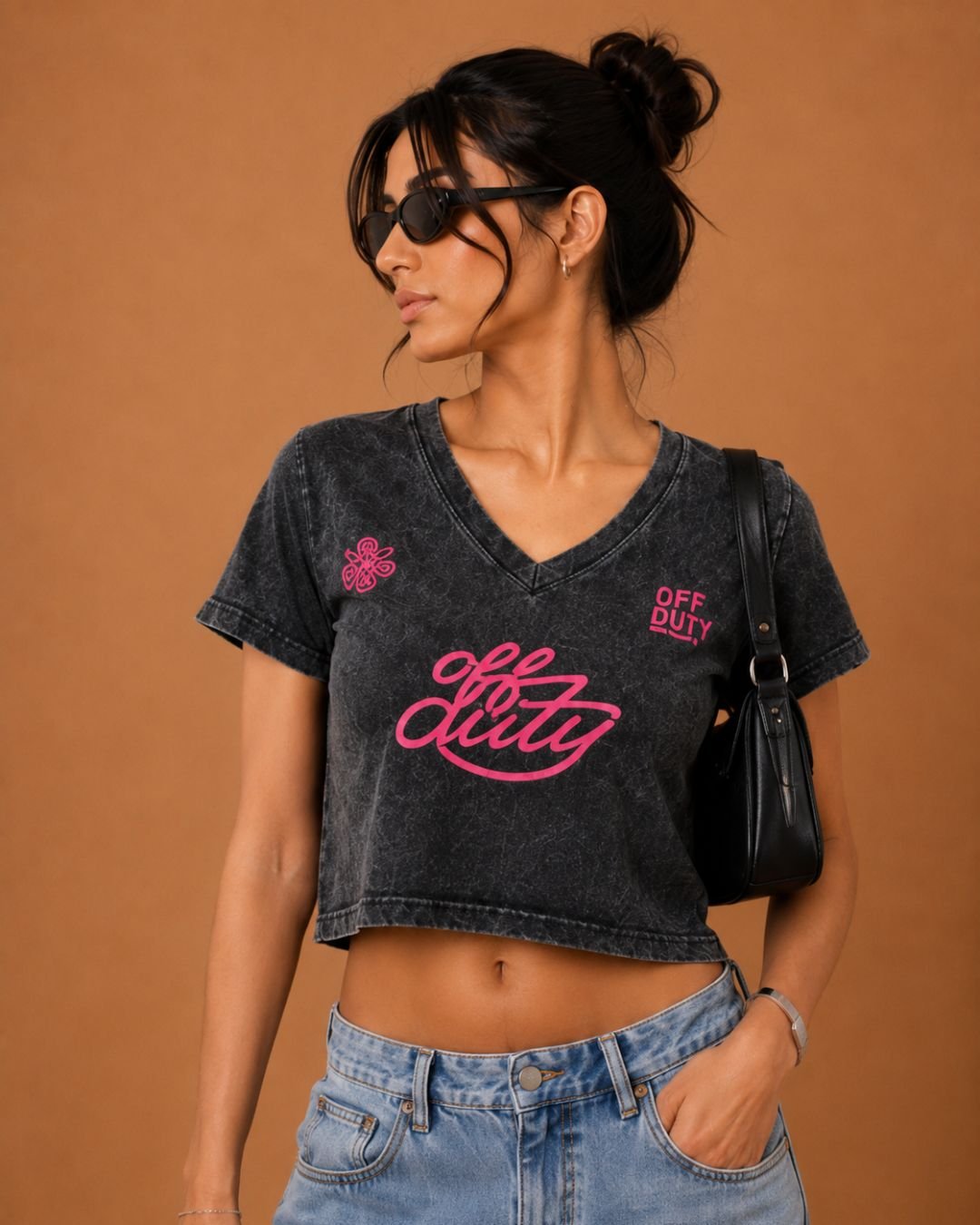 WhatsApp Image 2026-07-24 at 2.14.06 PM Brandz Home Women's Washed Black Off Duty Graphic V-Neck Crop T-Shirt - Image 3
