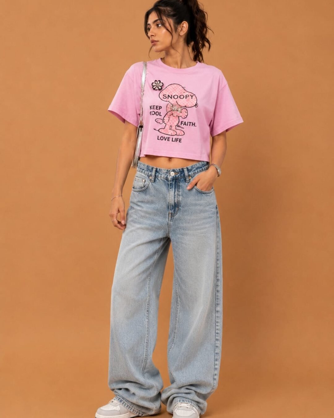 brandz home dnndk Brandz Home Women's Pink Snoopy Graphic Crop T-Shirt - Image 2