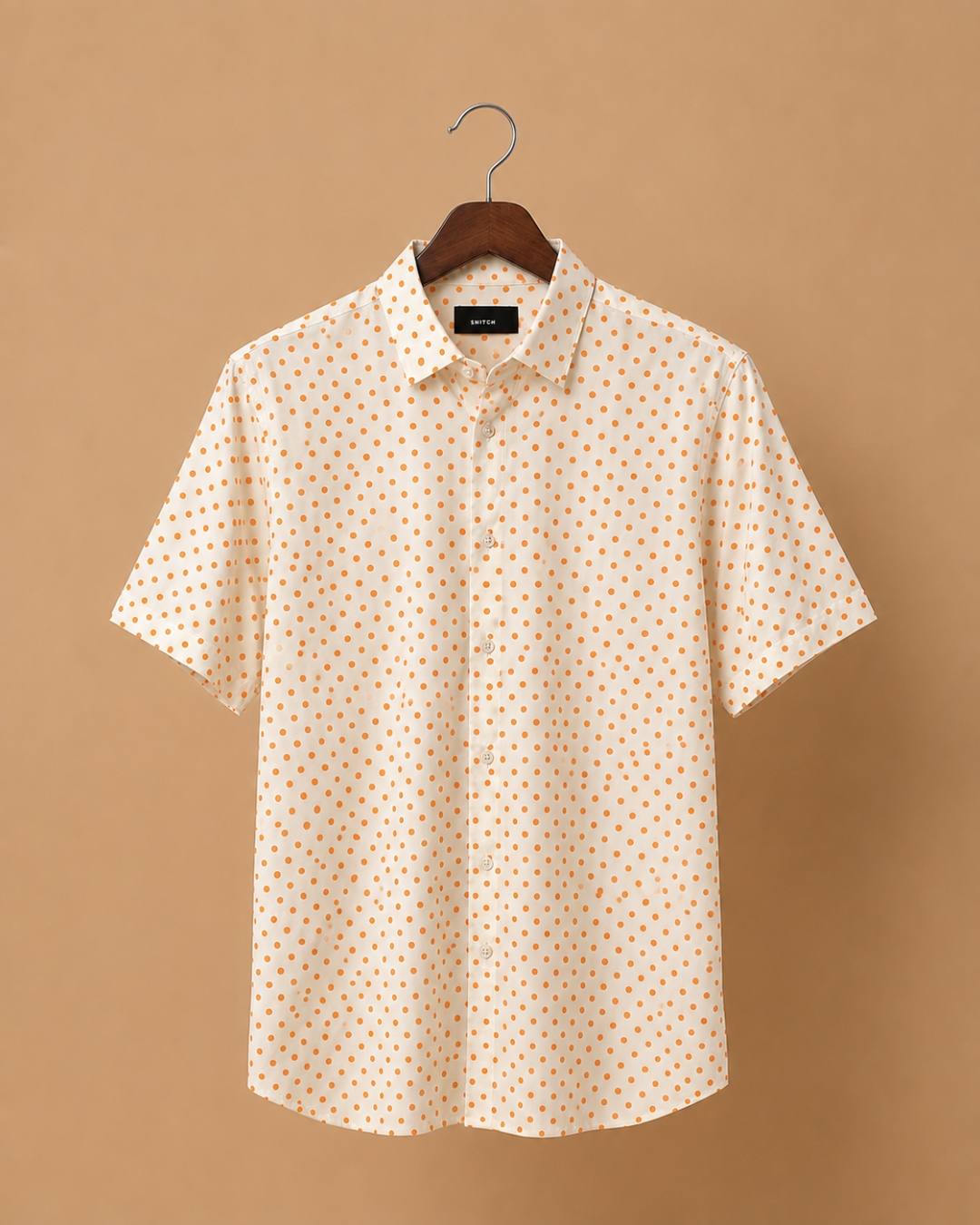 Snitch Men's White & Orange Polka Dot Cotton Casual Shirt