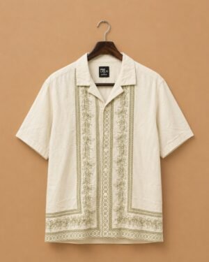 MAX Men's Off White Floral Embroidered Resort Collar Shirt