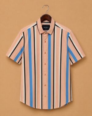 Mast & Harbour Men's Peach & Blue Vertical Striped Cotton Casual Shirt