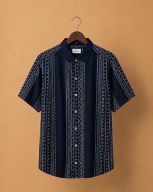 Mufti Men's Navy Blue Vertical Printed Cotton Casual Shirt