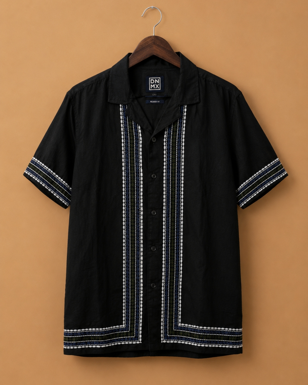DNMX Men's Black Embroidered Premium Resort Casual Shirt