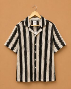 Calvin Klein Men's Black & Beige Textured Vertical Stripe Resort Shirt